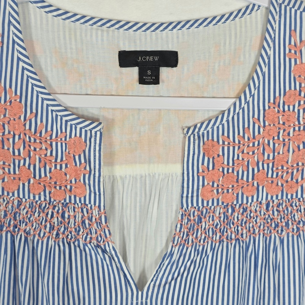 J Crew Embroidered Popover Blue White Striped‎ Tiered Above Knee Dress Sz Small - Picture 8 of 15